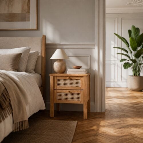 Balder Snedker Sengebord i Massiv FSC Egetr&aelig; med Naturolie og Fransk Naturflet fra Organic Sleep | H45 x B45 x D35 cm