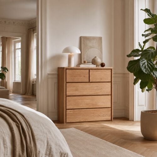 Heimdal Snedker Kommode/Sk&aelig;nk i Massiv FSC Egetr&aelig; med 2 Sm&aring; og 3 Store Skuffer i Naturolie fra Organic Sleep | B88 x H100 x D42 | Leveres F&aelig;rdigsamlet