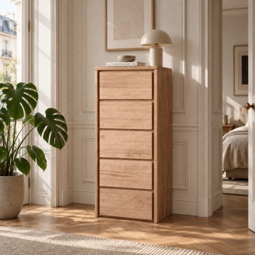 Heimdal Snedker Kommode i Massiv Egetræ med 5 Skuffer i Naturolie fra Organic Sleep | H113 x B47 x D42 cm | Leveres Færdigsamlet