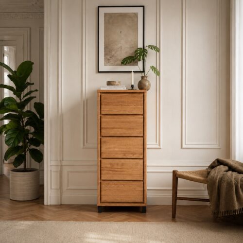 Heimdal Snedker Kommode i Massiv Egetræ med 5 Skuffer i Naturolie på Metalben fra Organic Sleep | H122 x B47 x D42 cm | Leveres Færdigsamlet