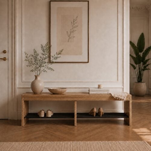 Sif Snedker Bænk i Massiv FSC Egetræ og Naturolie med Skohylder af Sorte Metalrør fra Organic Sleep | B40 x H45 x L160 cm