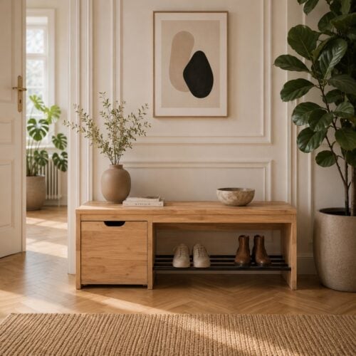Sif Snedker B&aelig;nk med 1 skuffe i Massiv FSC Egetr&aelig; og Naturolie med Skohylde af Sorte Metalr&oslash;r fra Organic Sleep | L120 x D40 x H45 cm- kan spejlvendes