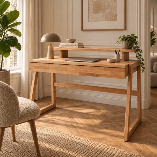 Sif Snedker Skrivebord i Massiv FSC Bøgetræ og Naturolie med 1 skuffe og Skrivebordshylde fra Organic Sleep | B55 x H94 x L126