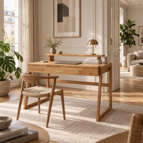 Sif Snedker Skrivebord i Massiv FSC Egetræ og Naturolie med 1 skuffe og hylde fra Organic Sleep | B55 x H94 x L126