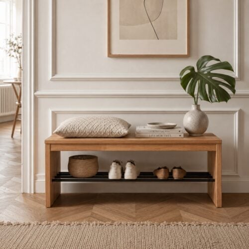 Sif Snedker bænk med skohylde i massiv FSC bøgetræ og naturolie fra Organic Sleep | L120 x D40 x H45 cm
