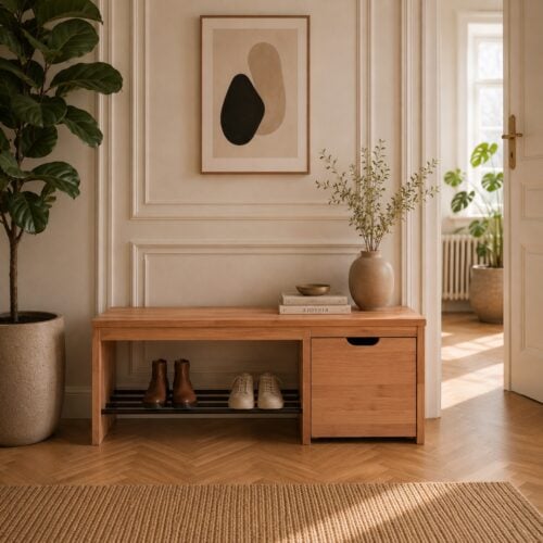 Sif snedker Bænk med 1 skuffe i massiv FSC Bøgetræ og Naturolie med skohylde af sorte metalrør fra Organic Sleep | L120 x D40 x H45 cm - kan spejlvendes