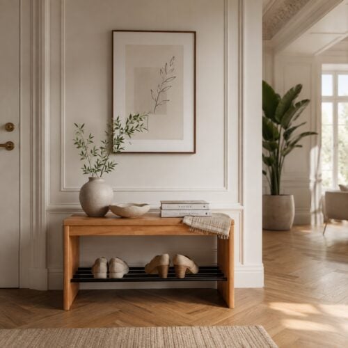 Sif Snedker Bænk i Massiv FSC Bøgetræ og Naturolie fra Organic Sleep | skohylde af sorte Metalrør - B40 x H45 x L82