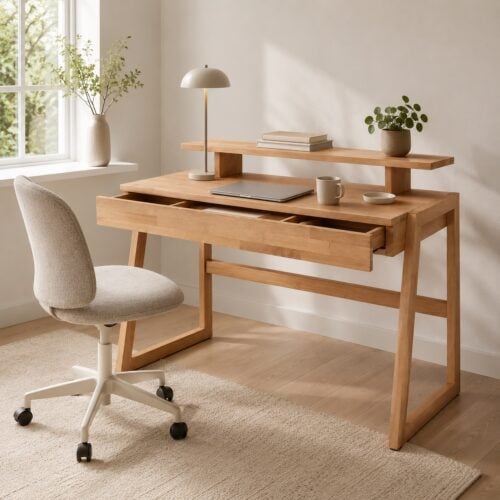 Sif Snedker Skrivebord i Massiv FSC Bøgetræ og Naturolie med Skrivebordshylde fra Organic Sleep | 1 Skuffe - B55 x H94 x L126