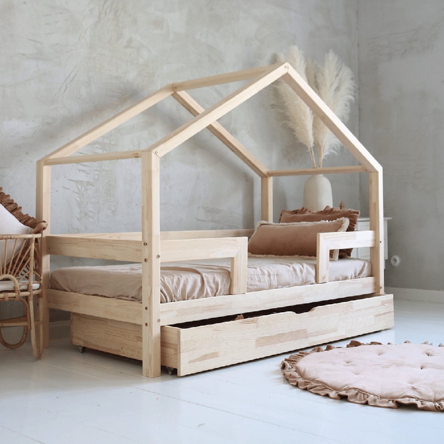 Isabella Duo Snedker Husseng Håndlavet i 100% Massiv Fyrretræ Med Skuffe & Simpel Sengehest fra Raw Kids | Flere Størrelser 1