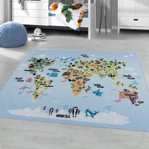 Blåt Verdenskort Børne Gulvtæppe fra Rugs by Uniquebeds Home & Living | Flere Størrelser