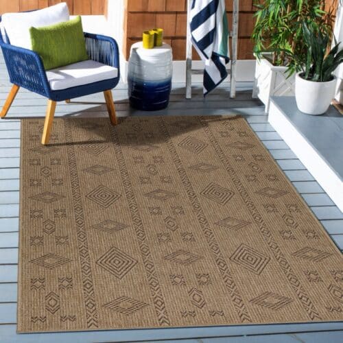 Chloe Indendørs/Udendørs Gulvtæppe i Beige med Simpelt Sort Mønster fra Rugs by Uniquebeds Home & Living | Flere Størrelser