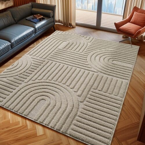 Delilah Beige Gulvtæppe med Mønster af Buede Linjer fra Rugs by Uniquebeds Home & Living | Flere Størrelser
