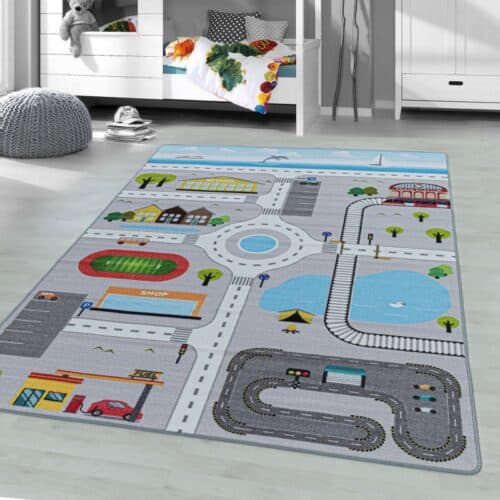 Gråt Børne Gulvtæppe med By & Kørebane fra Rugs by Uniquebeds Home & Living | Flere Størrelser