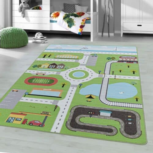 Grønt Børne Gulvtæppe med By & Kørebane fra Rugs by Uniquebeds Home & Living | Flere Størrelser