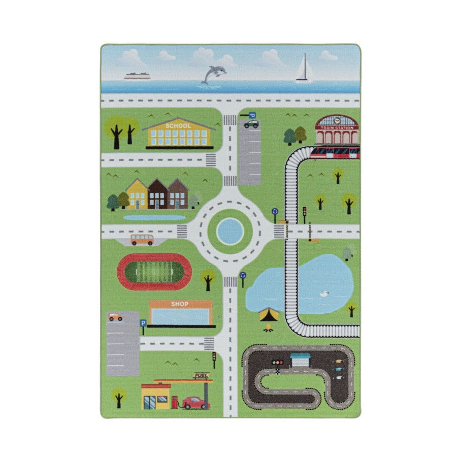 Grønt Børne Gulvtæppe med By & Kørebane på fra Rugs by Uniquebeds Home & Living | Flere Størrelser