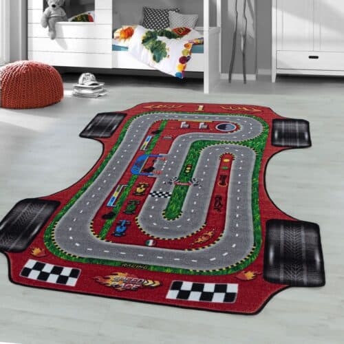 Rødt Racerbils Børne Gulvtæppe med Racerbane fra Rugs by Uniquebeds Home & Living | Flere Størrelser