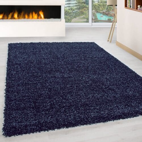 Luna Ensfarvet Fluffy Gulvtæppe i Navy Blå fra Rugs by Uniquebeds Home & Living | Flere Størrelser i Firkantet & Rund