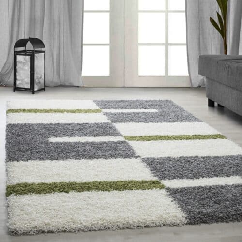 Riley Gulvtæppe i Beige & Grå med Mønster af Blokke & Grønne Striber fra Rugs by Uniquebeds Home & Living | Flere Størrelser i Firkantet & Rund