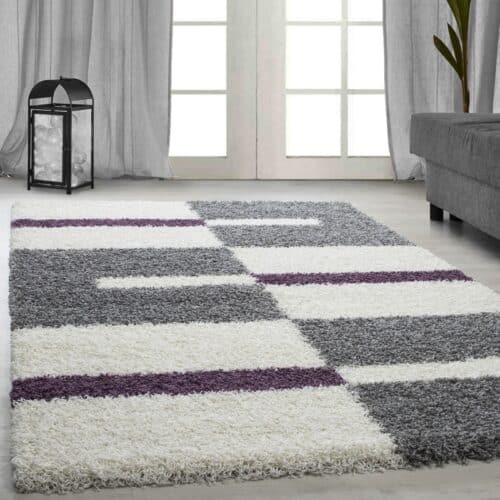 Riley Gulvtæppe i Beige & Grå med Mønster af Blokke & Lilla Striber fra Rugs by Uniquebeds Home & Living | Flere Størrelser i Firkantet & Rund