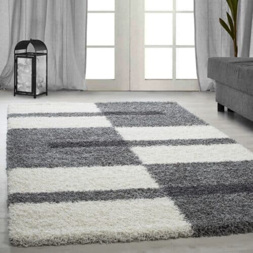 Riley Gulvtæppe i Beige & Grå med Mønster af Blokke & Mørkegrå Striber fra Rugs by Uniquebeds Home & Living | Flere Størrelser i Firkantet & Rund