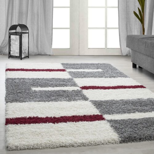 Riley Gulvtæppe i Beige & Grå med Mønster af Blokke & Røde Striber fra Rugs by Uniquebeds Home & Living | Flere Størrelser i Firkantet & Rund