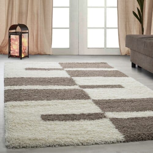 Riley Gulvtæppe i Beige & Grå med Mønster af Blokke & Striber fra Rugs by Uniquebeds Home & Living | Flere Størrelser i Firkantet & Rund
