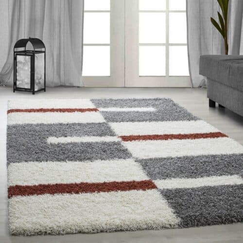 Riley Gulvtæppe i Beige & Grå med Mønster af Blokke & Terra Striber fra Rugs by Uniquebeds Home & Living | Flere Størrelser i Firkantet & Rund