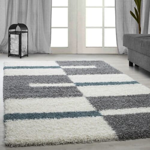 Riley Gulvtæppe i Beige & Grå med Mønster af Blokke & Turkis Striber fra Rugs by Uniquebeds Home & Living | Flere Størrelser i Firkantet & Rund