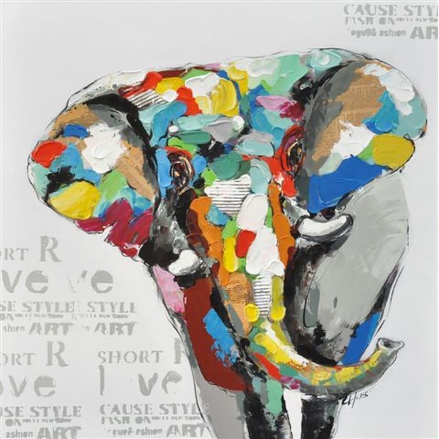 5114-5114-Farvet-elefant Håndmalet Oliemaleri Med Farvet Elefant Motiv P300106B Fra Hundevad & Co | 100X100 Cm - 5114