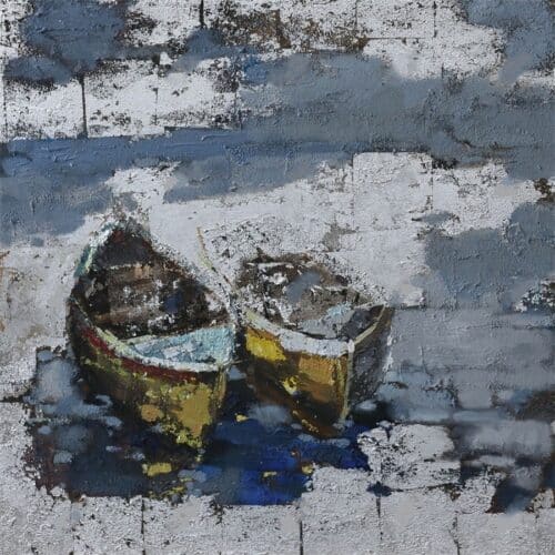 Oliemaleri Med Motiv Af Både I Havet Fra Hundevad & Co | 100X100Cm - 5800