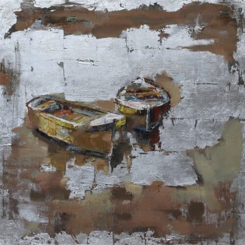 Håndmalet Oliemaleri Med Motiv Af Robåde I Sø Fra Hundevad & Co | 100X100Cm - 5801