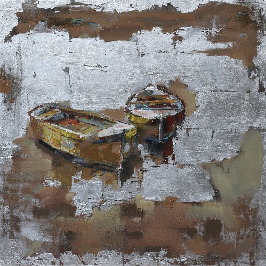 Håndmalet Oliemaleri Med Motiv Af Robåde I Sø Fra Hundevad & Co | 100X100Cm - 5801