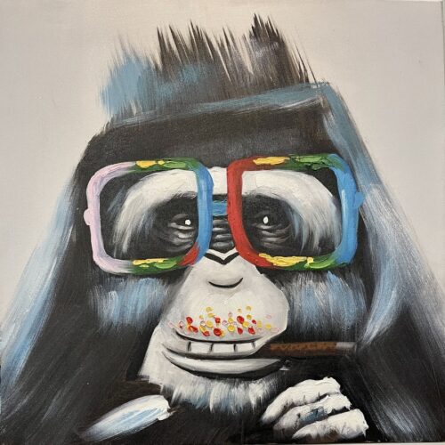 Oliemaleri Med Motiv Af Abe Med Briller Fra Hundevad & Co | 50X50 Cm - 5815