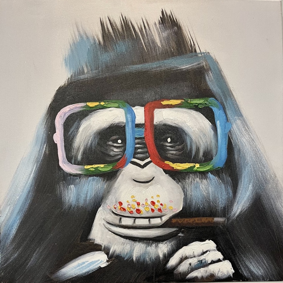 Oliemaleri Med Motiv Af Abe Med Briller Fra Hundevad & Co | 50X50 Cm - 5815