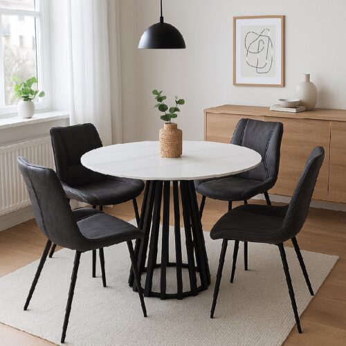 Arctic Rundt Spisebord med Keramisk Bordplade i Hvid/Grå & Bred Stel fra Lexpo Living | Ø130