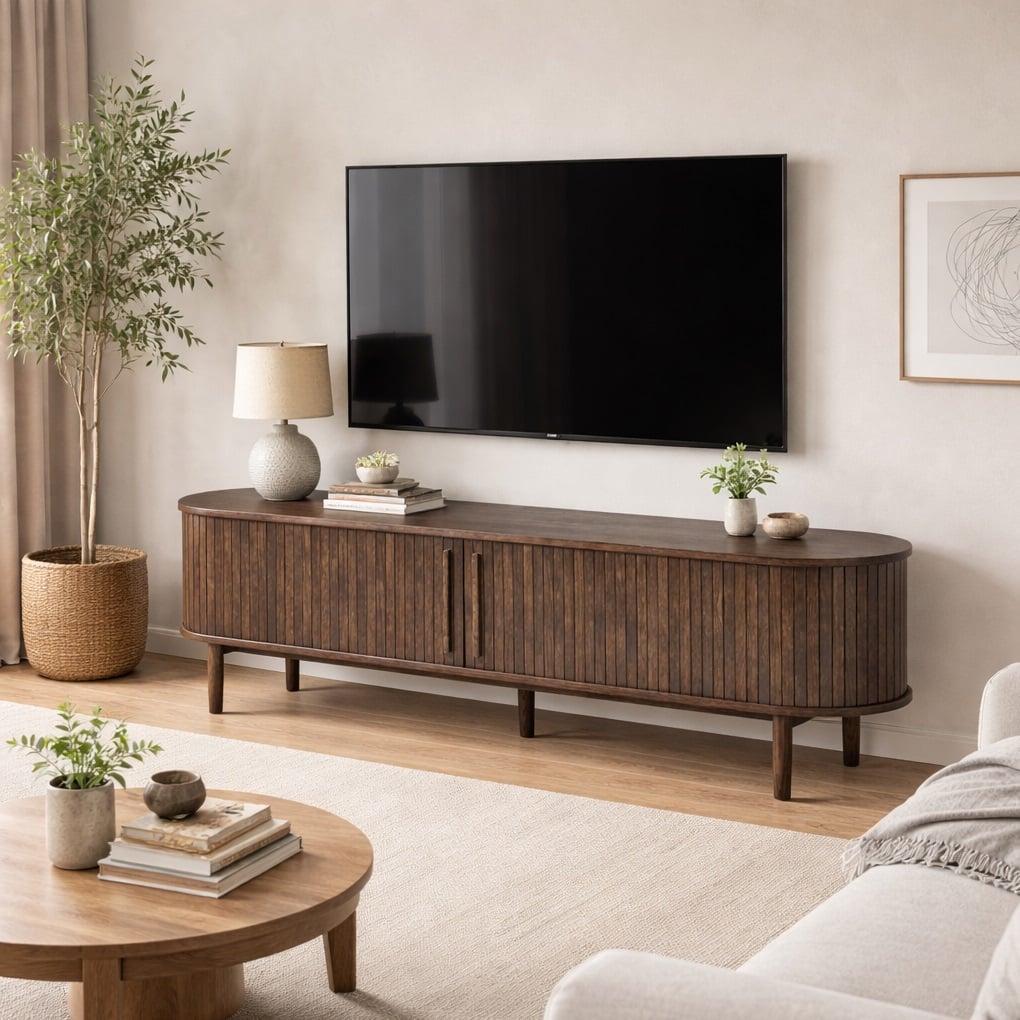 Ovale Tv-standaard In Donker Walnoothout, Rotan Design, 180 X 40 X 40 Cm Mdf Constructie Verstelbare Poten