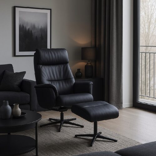 Malthe Lænestol i Møbelstof/Læder med Sort Drejestel inkl. Fodskammel fra Lexpo Living | Flere Farver | Justerbart Ryglæn