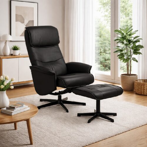 Christian Lænestol inkl. Fodskammel i Møbelstof & Læder med Sort Stel fra Lexpo Living | Sort/Mørkegrå