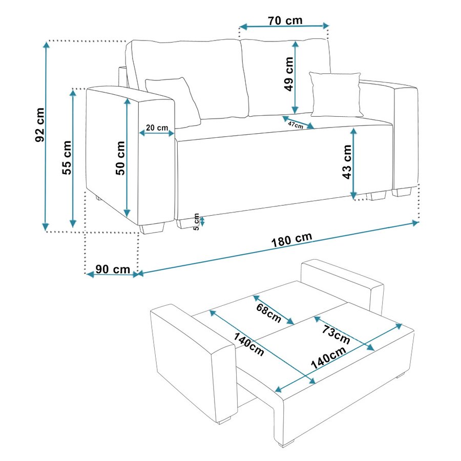 Komfort Model 3 Polstret 2-Personers Sofa Med Sovefunktion & Opbevaring Fra CozyQuilt Furniture | Håndlaves i Møbelstof, Fløjl, Velour & Læder - Billede 4