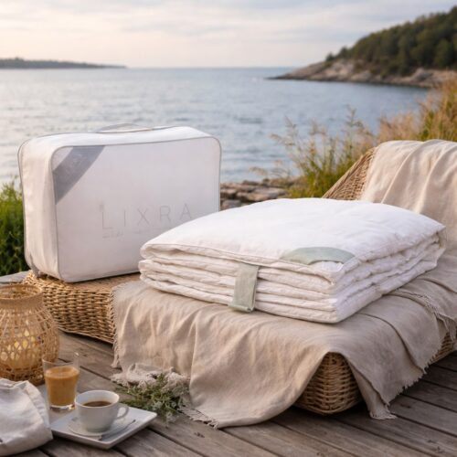 LIXRA Smaragd Dyne i Moskusdun omfavnet af 100% Bomuld + Taske | Bæreevne 725 CUIN | Let - Sommer/Helårs