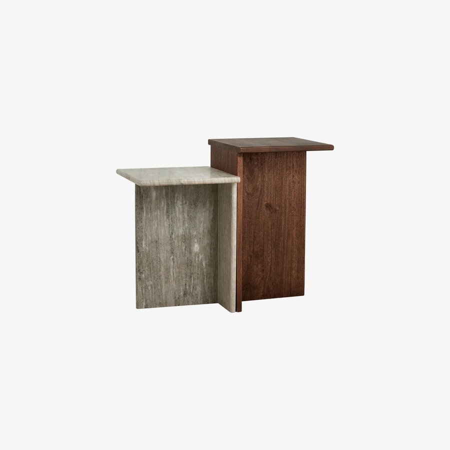 glina-sidebord-st-i-mangotr-og-marmor-fra-nordal-35x35x58-cm-mrk-brun-1 GLINA Sidebord Sæt i Mangotræ og Marmor fra Nordal | 35x35x58 cm | Mørk Brun, Beige hos uniquebeds, home & living - Billede 1