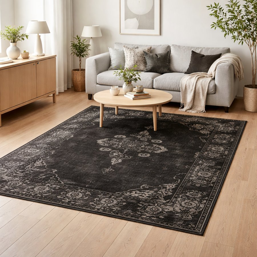 GRAND Gulvtæppe med Orientalsk Mønster fra Nordal | 160x240 cm | Sort hos uniquebeds, home & living - Billede 1