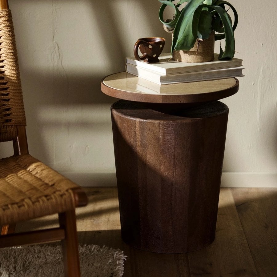 KWANDO Sidebord i Mangotræ med Travertin Top fra Nordal | Ø41x50 cm - Billede 2