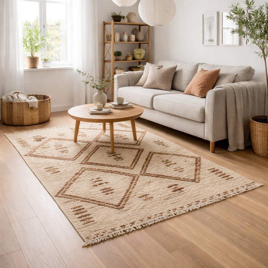 LEAH Gulvtæppe i Uldblanding med Marokkansk Mønster fra Nordal | 200x290 cm | Natur, Beige hos uniquebeds, home & living - Billede 1