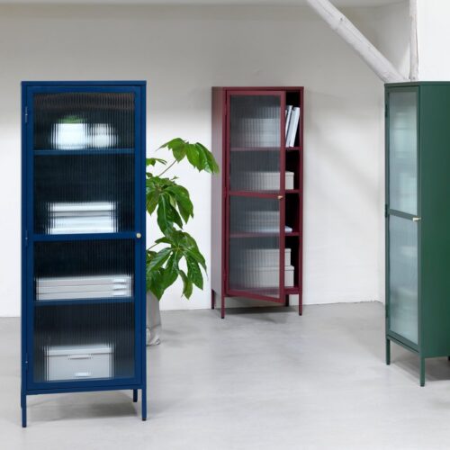 Wuhan Vitrineskab Fyrregrøn Stål Glas Guldfarvet