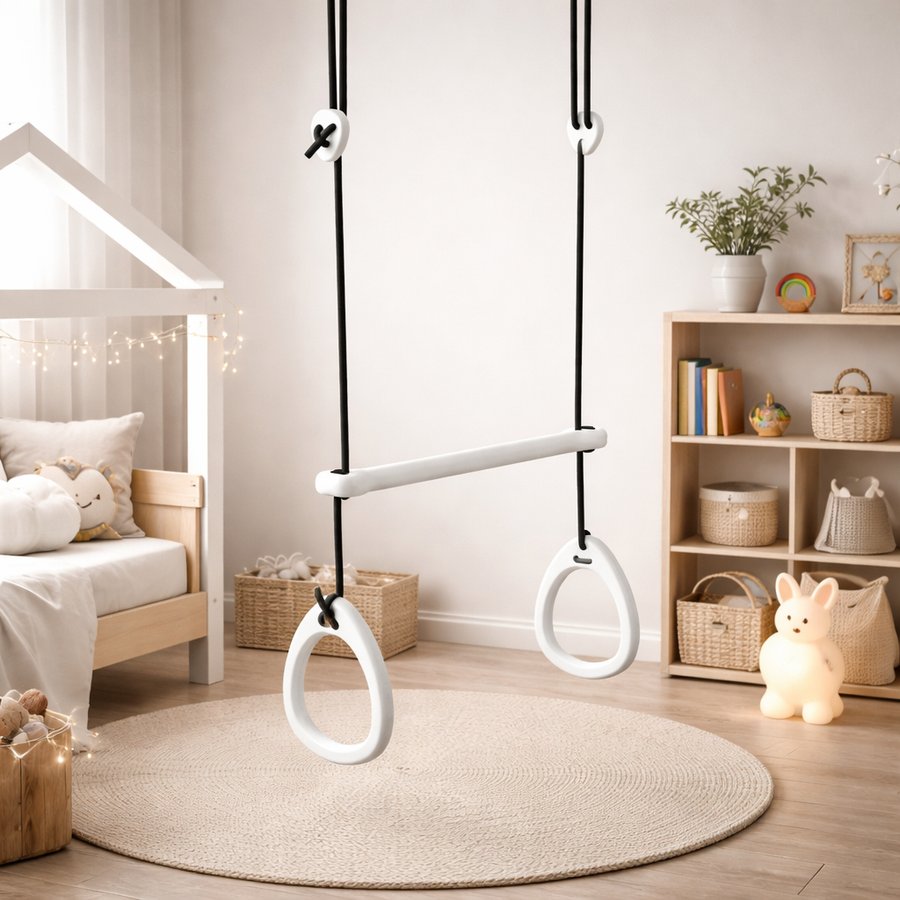 miljoe-lillagunga-gymnastik-ringe-med-trapez-stang-i-massiv-birketr-i-hvid-4-6 Lillagunga Gymnastik Ringe med Trapez Stang i Massiv Birketræ i Hvid | 4 Farver Reb & 3 Længder hos Uniquebeds, home & living - Billede 6