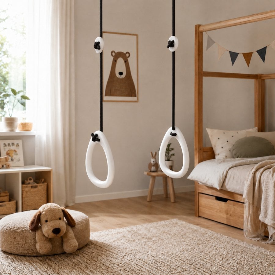 Lillagunga Gymnastik Ringe til Børn & Voksne i Massiv Hvid Birketræ | 9 Farver Reb & 3 Længder hos uniquebeds, home & living - Billede 2