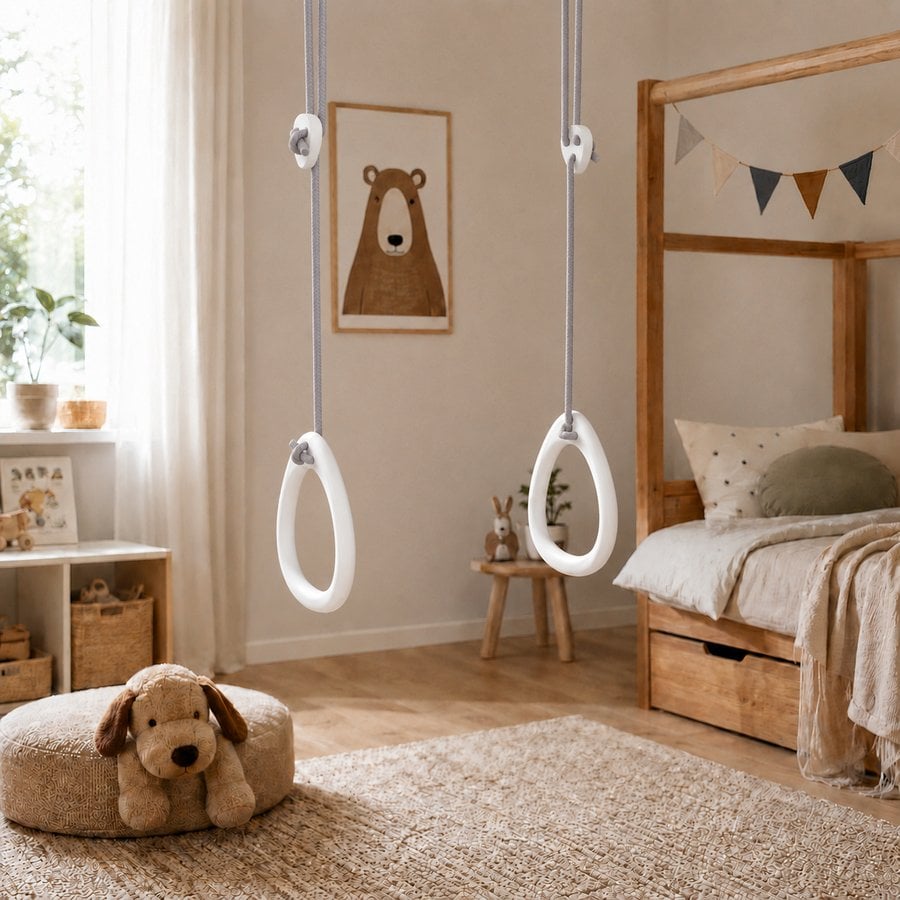 Lillagunga Gymnastik Ringe til Børn & Voksne i Massiv Hvid Birketræ | 9 Farver Reb & 3 Længder hos uniquebeds, home & living - Billede 5