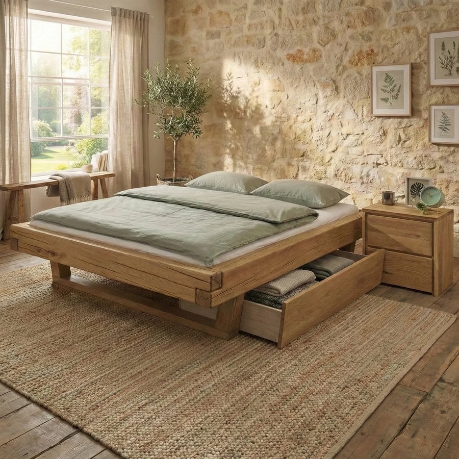 Frigg Snedker Bjælkesengeramme i Massiv FSC Egetræ uden Gavl & Træben fra Organic Sleep | Naturolie | Mulighed for Skuffer & Sengeborde hos uniquebeds, home & living - Billede 1
