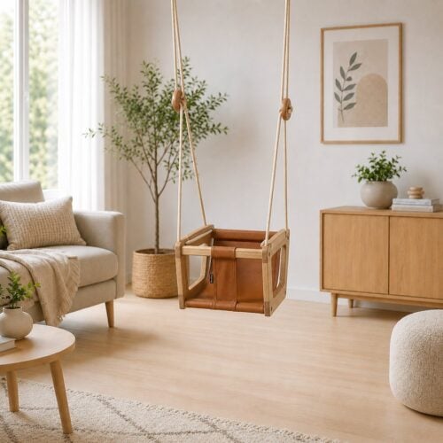 Lillagunga Babygynge i Massiv Egetræ med Brun Læder & Beige Reb | 3 Længder hos uniquebeds, home & living - Billede 3